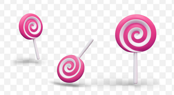 Round spiral candy on stick. Colored lollipop. Vector pink and white caramel Round spiral candy on stick. Colored lollipop. Vector pink and white caramel in different positions. Isolated image of sweets. Festive beautiful dessert lollipop stock illustrations