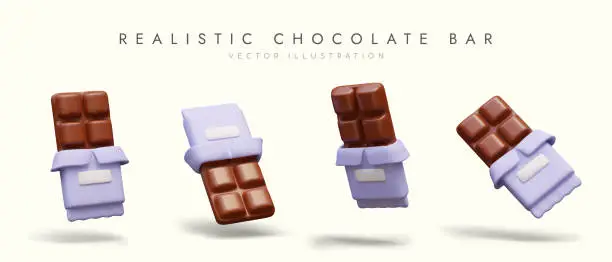 Vector illustration of Realistic half unfolded chocolate bar. Unbranded packaging, mockup