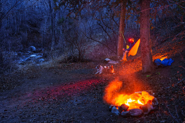 Man Relaxing in Hammock by Creek - Dusk view of camping area with campfire burning in foreground with selective focus on man relaxing in colorful hammock strung between two trees. Mountain creek flowing in background. Blue hour dusk warm and cool colors.