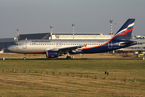 Dusseldorf, Germany - January 15, 2012: Russian Aeroflot Airbus A320-200 with registration VP-BZS on taxiway at Dusseldorf Airport