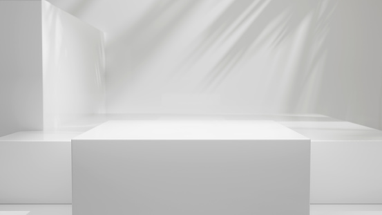 White abstract podium - empty placement display for products and design, bright clean white abstract podium background with sun light and soft shadows, white geometrical forms abstract copy space