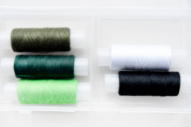 Multicolored skeins of thread in the set. The threads are in a plastic box.
