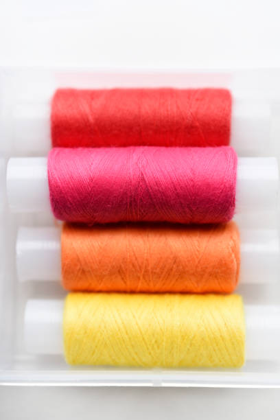 Multicolored skeins of thread in the set. The threads are in a plastic box.