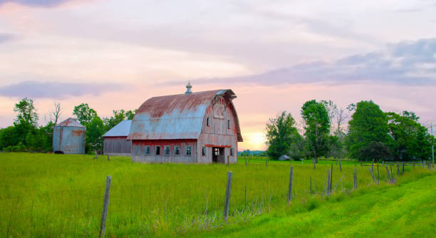 istock Old Weathered Red Barn at sunrise- Howard County, Indiana 2148873206