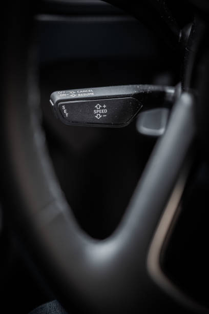 istock Car indicator close-up. Steering wheel in foreground. black and white 2148873828