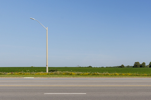 Serene roadside view - expansive grassy field - distant tree line under clear blue sky. Taken in Toronto, Canada.