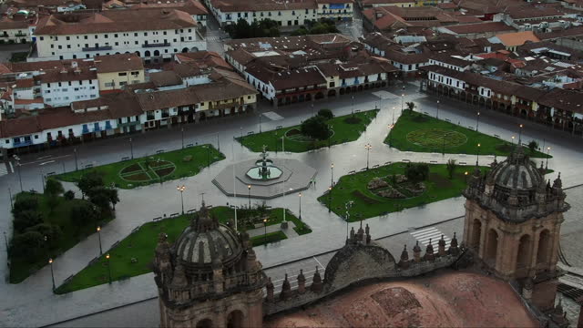 Plaza de Armas Seen From Cusco Cathedral In Peru - aerial shot