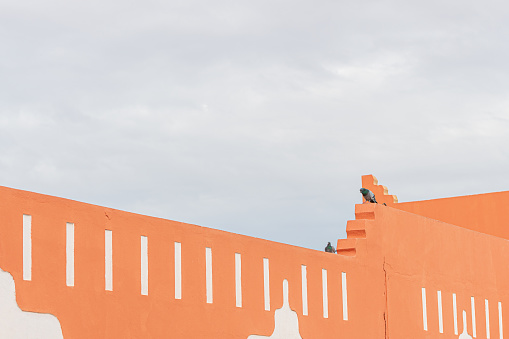 Two pigeons wait quietly on top of an earth-colored wall of a building in Morocco in daylight. Copy space