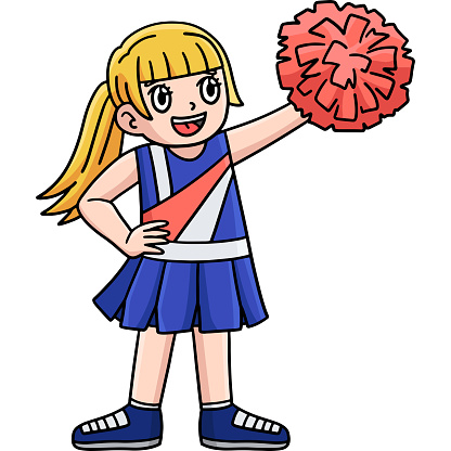 This cartoon clipart shows a Cheerleader Girl Raising Pompoms illustration.