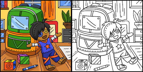 This coloring page shows a Cheerleading Backpack and Plushie. One side of this illustration is colored and serves as an inspiration for children.