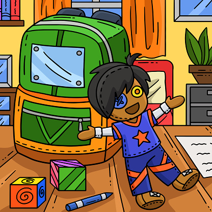 This cartoon clipart shows a Cheerleading Backpack and Plushie illustration.