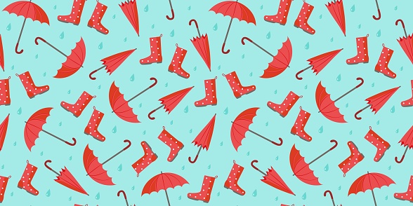 Open umbrella, shoes, rubber boots and closed umbrella. The pattern is seamless. Bright umbrella and raindrops. Rain season. Rainy weather. Flat style. Vector background.