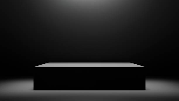 istock Black empty table podium on black dark room background for design. empty copy space - place for products and product placement, podium, empty space table mock up and bright spotlight 2148877362