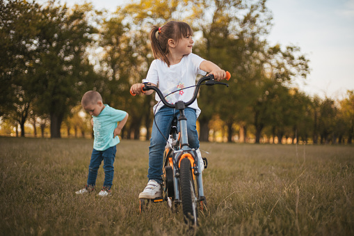 A cute little girl is sitting on a bicycle in a meadow in nature, her younger brother is standing behind her.