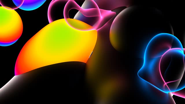 3d render abstract art video animation background with parts of surreal liquid motion connected spheres or balls in soft metal aluminium metal material with neon glowing fluorescent colourful  parts