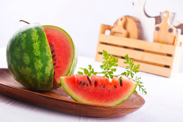 Slices of watermelons on white table