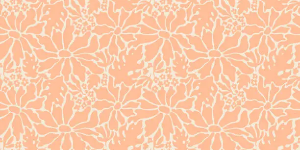 Vector illustration of Peach fuzz pattern from pink Fauvist Style flowers. Floral abstract seamless vector background. Retro groovy shape in peach fuzz 2024 palette. Modern cloth print. Simple summer spring wallpaper pattern