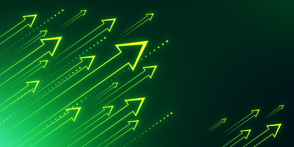 Abstract growing arrows on green background with mock up place. Success, progress and result concept. 3D Rendering