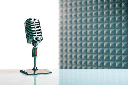 Creative image with mic and mock up place on gray backdrop. Podcast ad and voiceover concept. 3D Rendering