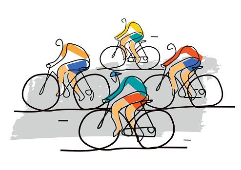 Illustration of group of cyclists on a road. Continuous Line Drawing. Vector available.