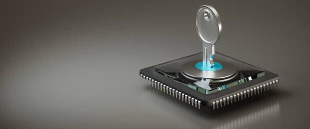 Passkey concept: A key being inserted into a keyhole on top of a microchip. Passkeys are being used as a more secure solution for login than username password. Web banner format with copy space concepto de llave de acceso: una llave que se inserta en el ojo de una cerradura en la parte superior de un microchip. las claves de acceso se utilizan como una solución más segura para el inicio de sesión que la contraseña de nombre de usuario. format