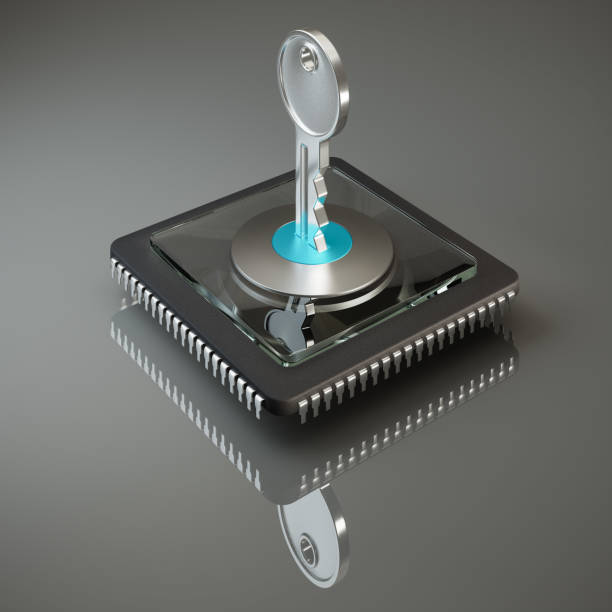 Passkey concept: A key being inserted into a keyhole on top of a microchip. Passkeys are being used as  a more secure solution for login than username password.