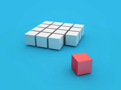 3D Cube Blocks One Red - Colored Background - 3D Rendering