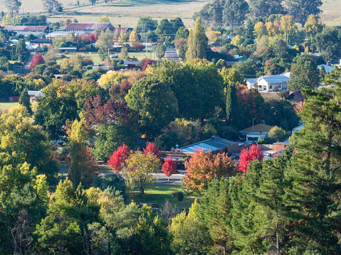 High angle view of Porepunkah in rural Victoria in autumn