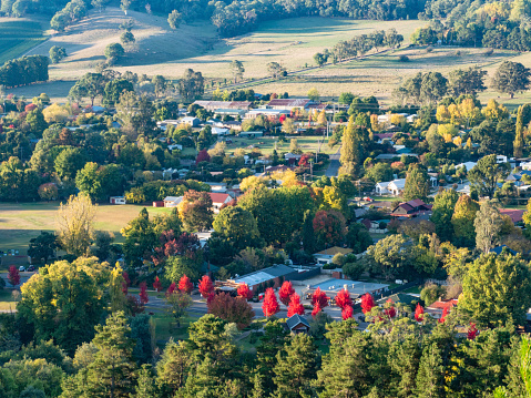 High angle view of Porepunkah in rural Victoria in autumn