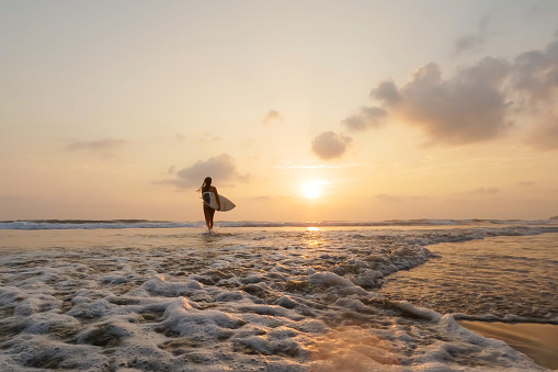Woman Going Surfing at Beach - Low Angle Sunset View