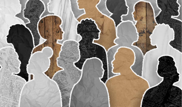 istock Large Crowd of diverse people side view silhouettes with newspaper, crumpled paper, marble and wood textures both men and women 2148889821