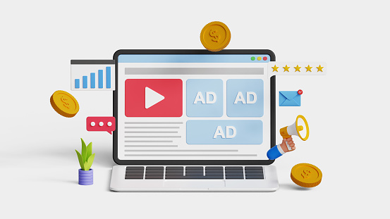 Online advertising on social media. PPC ad campaign. 3D digital marketing with programmatic social network advertising on a laptop. Targeted inbound ad