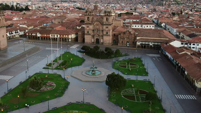 Exclusive Aerial View of Plaza de Armas and Society of Jesus Church, Cusco, Peru (No People)