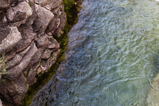 River flowing along a rocky cliff next to a waterfall, with moss and reflections in the water. View from above. Background. Texture. Horizontal.