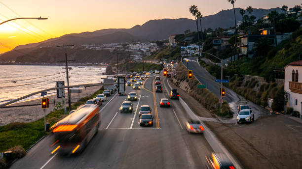 The Pacific Coast Highway at rush hour, high angle view