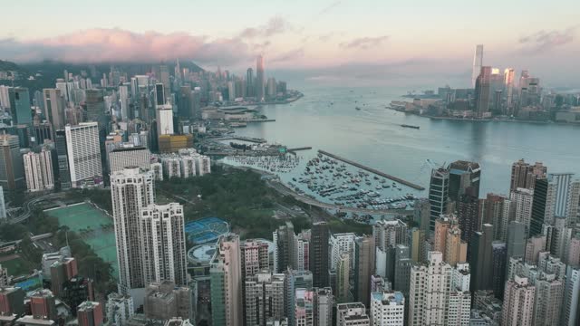 Time-lapse ：Aerial view of Victoria harbour in sunrise