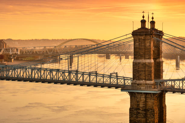 Cincinnati Ohio downtown city skyline scenic and the John A. Roebling Suspension Bridge over the waters of the Ohio River