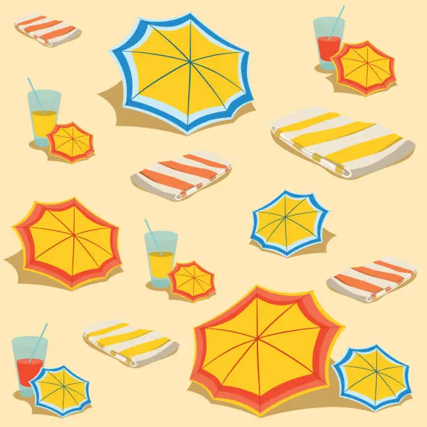 Vector illustration of Beach umbrella and towel with drink in glass on sand. Vector pattern