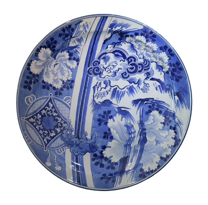 Chinese Porcelain charger painted in underglaze blue. Karashishi  \