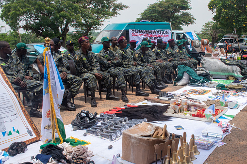 Items of exhibits recovered from armed Yoruba Nation agitators dressed in military like camouflage arrested at the State Secretariat on Saturday in Ibadan, Oyo, Nigeria on April 15, 2024.