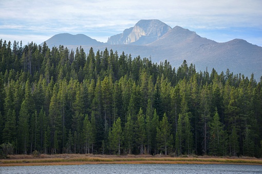 View of Longs Peak from Bierstadt Lake in Rocky Mountain National Park Colorado