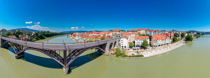 Bridge crossing the Drava river in Maribor Slovenia during summer