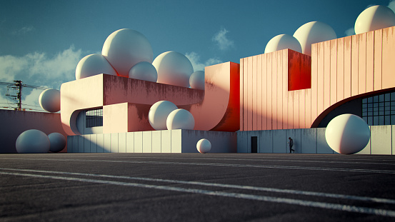 A surreal scene of a building covered in soft spheres.