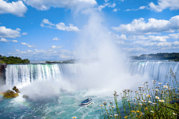 Niagara Falls with tour boat and spring flowers