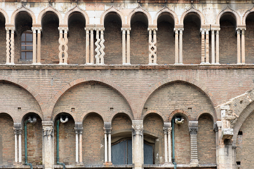 Twisted columns of south wall of cathedral of Saint George. Ferrara, Emilia-Romagna, Italy