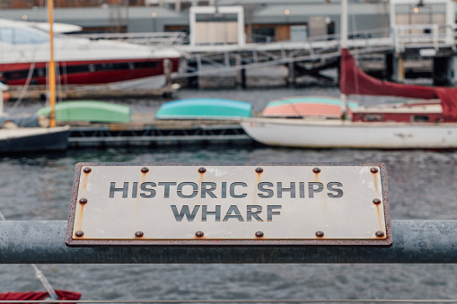 placard denoting historic ships wharf in Seattle, Washington at South Lake Union