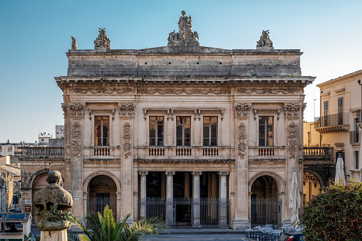 03/23/2024 Noto, Italy. The neoclassical style Theater of the baroque City of Noto, province of Syracuse, Sicily, Italy