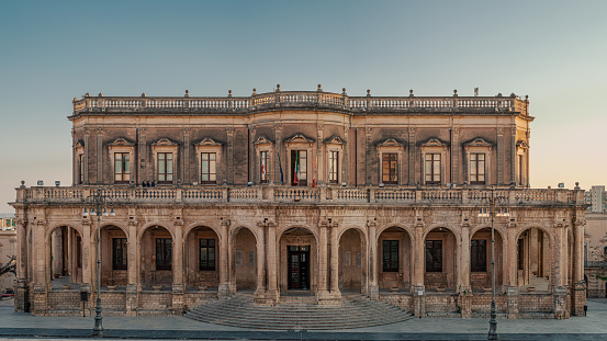 Palazzo Ducezio, seat of the municipal assembly and town hall of the baroque city of Noto, province of Syracuse, Sicily, Italy