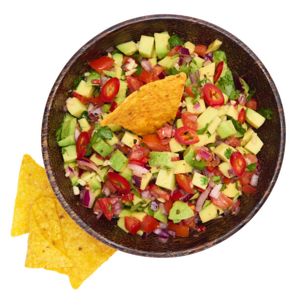 istock traditional salsa dip snack in wooden bowl and corn nacho chips isolated 2148896214