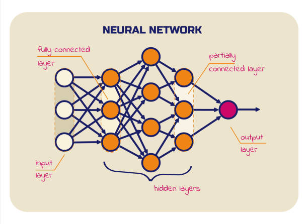 Scheme of neural networks with signatures. Input, hidden and output layers, fully connected and partially connected layers. Scheme of neural networks with signatures. Input, hidden and output layers, fully connected and partially connected layers. Vector illustration. infographic vector input output stock illustrations